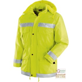 GIACCONE NYLON PVC CON BANDE RIFRANGENTI  CAPPUCCIO STACCABILE  INTERNO FISSO  COLORE GIALLO GIACCONE NYLON PVC CON BANDE RIFRANGENTI CAPPUCCIO STACCABILE