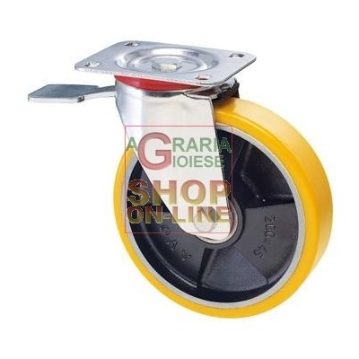 RUOTA POLIURETANICA GIALLA NUCLEO GHISA PIASTRA CON FRENO DIAM.
