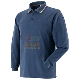 MAGLIETTA POLO MANICA LUNGA CON RIGHE TRICOLORE DI COTONE PETTINATO COLORE BLU TG. DA S A XXL MAGLIETTA POLO MANICA LUNGA CON RIGHE TRICOLORE DI COTONE