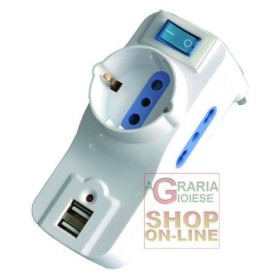 PRESA ADATTATORE TRIPLO 10/16A CON INTERRUTTORE SCHUKO E 2 USB ROTANTE PRESA ADATTATORE TRIPLO 10/16A CON INTERRUTTORE SCHUKO E 2 USB