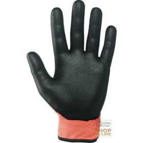 GUANTI IN NYLON  PALMO RICOPERTO IN NITRILE POLIURETANO CHIUSURA CON VELCRO  COLORE ARANCIO NERO GUANTI IN NYLON PALMO RICOPERTO IN NITRILE POLIURETANO CHIUSURA
