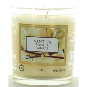 ALADINO CANDELA PROFUMATA ALLA VANIGLIA IN BICCHIERE DI VETRO 170 GRAMMI ARDENZA 45 ORE Diam.6,5sm e H 8cm ALADINO CANDELA PROFUMATA ALLA VANIGLIA IN BICCHIERE DI VETRO