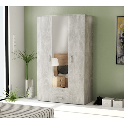 KIT ARMADIO 3 ANTE, 2 CASSETTI E 1 ANTA A SPECCHIO CEMENTO  cm. 120x200x52h.