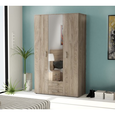 KIT ARMADIO 3 ANTE, 2 CASSETTI E 1 ANTA A SPECCHIO ROVERE  cm. 120x200x52h.