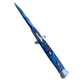 COLTELLO A SCATTO LAMA INOX CON MANICO BLU PERLA CM. 22 COLTELLO A SCATTO LAMA INOX CON MANICO BLU PERLA CM. 22