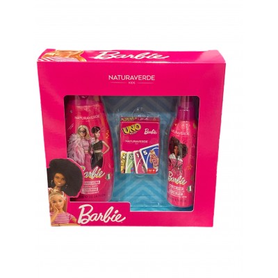 NATURAVERDE SET REGALO BARBIE CARTOON CON BALSAMO SPRAY BAGNOSCHIUMA E UNO CARDS