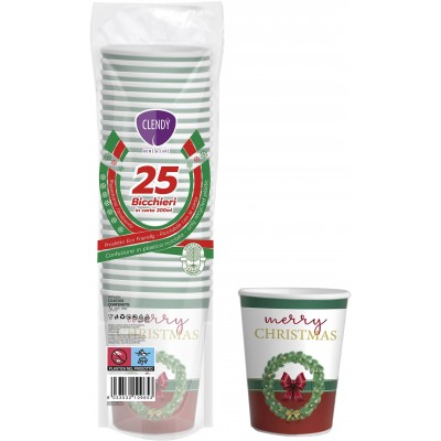 CLENDY NATALE BICCHIERI ACQUA DI CARTA CON DECORO GHIRLAND PZ. 25