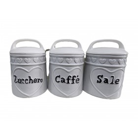 SET BARATTOLI SALE- ZUCC-CAFFE GRIGIO TAPPO MANICO BIANCO 11X11X15.5 SET BARATTOLI SALE- ZUCC-CAFFE GRIGIO TAPPO MANICO BIANCO 11X11X15.5