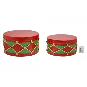 NATALUNA SET 2 TAMBURI DI NATAKE IN LATTA TRICOLORE CM. 13 E 16h.